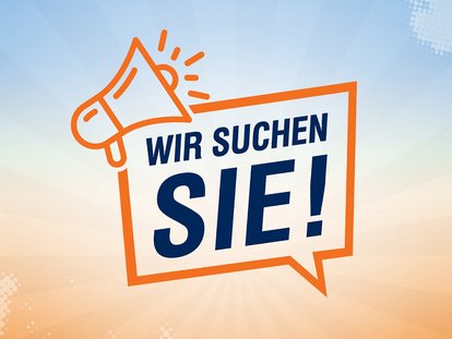 Sprechblase mit Megafon und dem Text WIR SUCHEN SIE