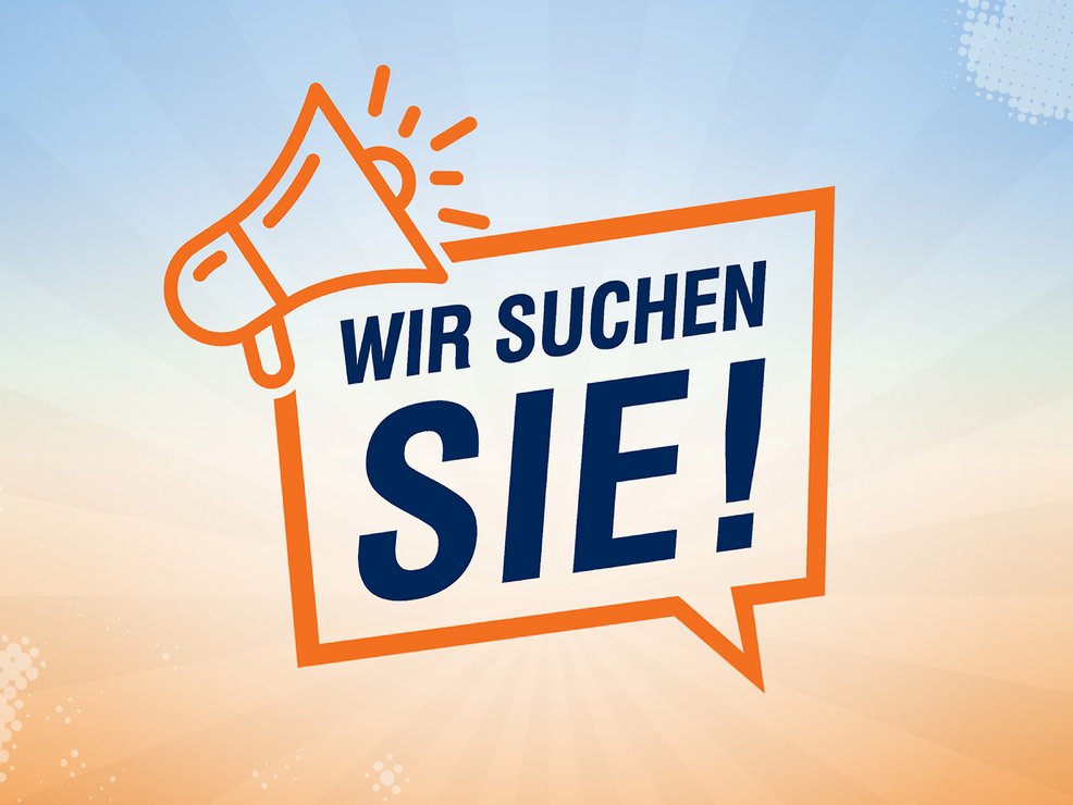 Sprechblase mit Megafon und dem Text WIR SUCHEN SIE
