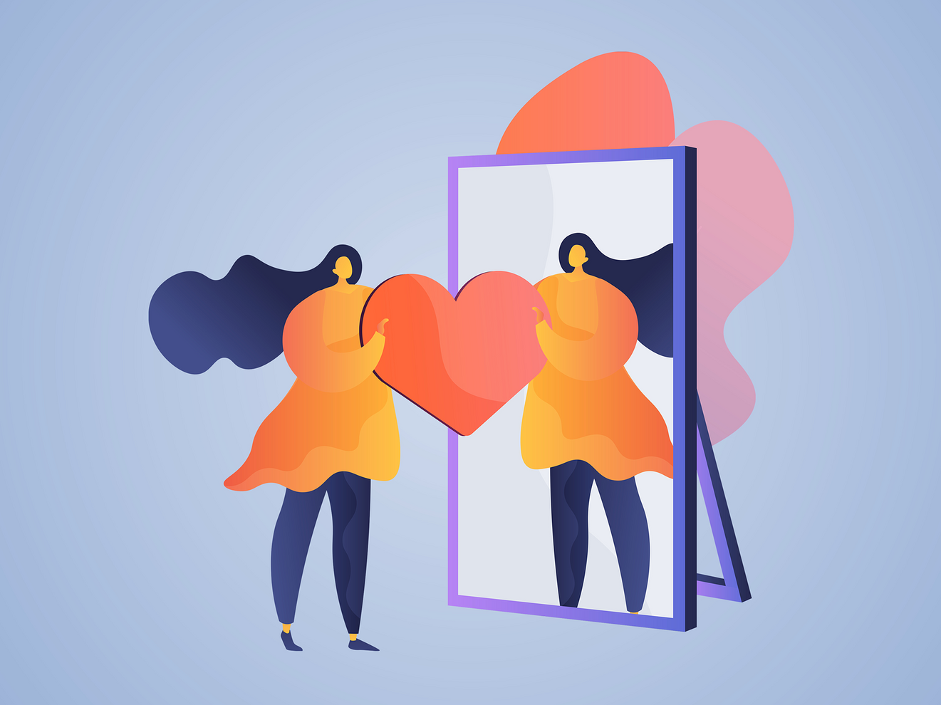 Selbstbewusste Frau schaut in den Spiegel und sieht ihr Spiegelbild