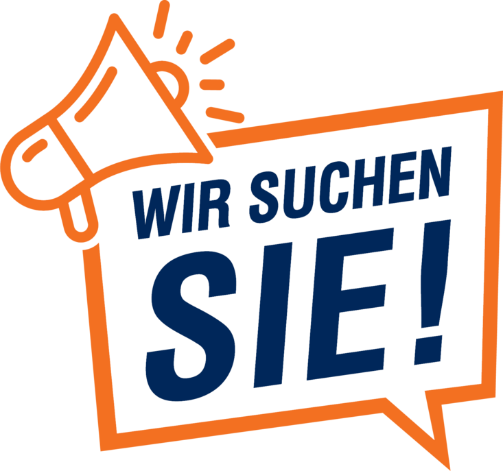 Sprechblase mit Megafon und dem Text WIR SUCHEN SIE