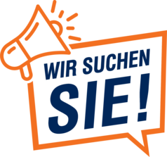Sprechblase mit Megafon und dem Text WIR SUCHEN SIE