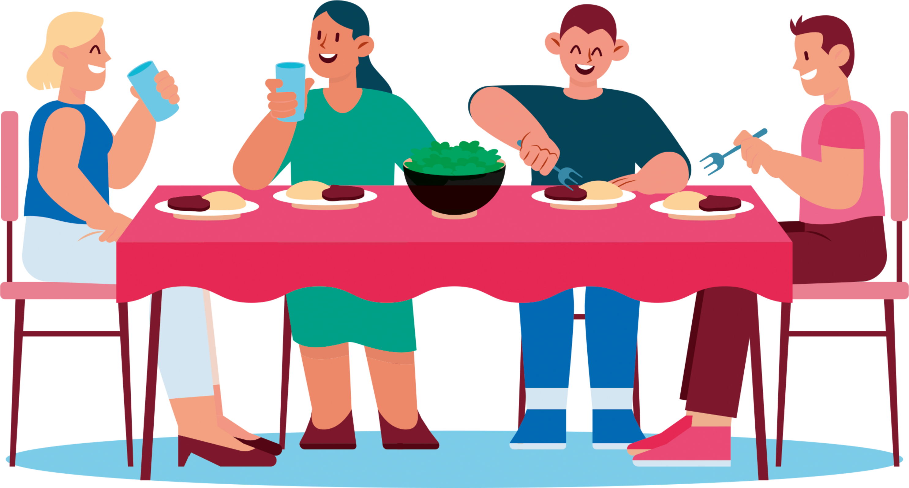 Vier Personen sitzen gemeinsam an einem Tisch, essen und trinken fröhlich miteinander