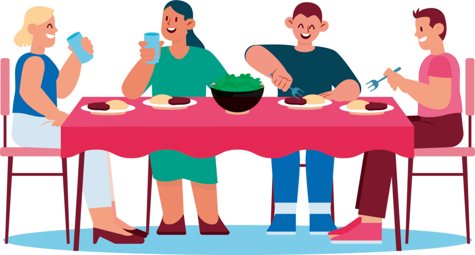 Vier Personen sitzen gemeinsam an einem Tisch, essen und trinken fröhlich miteinander