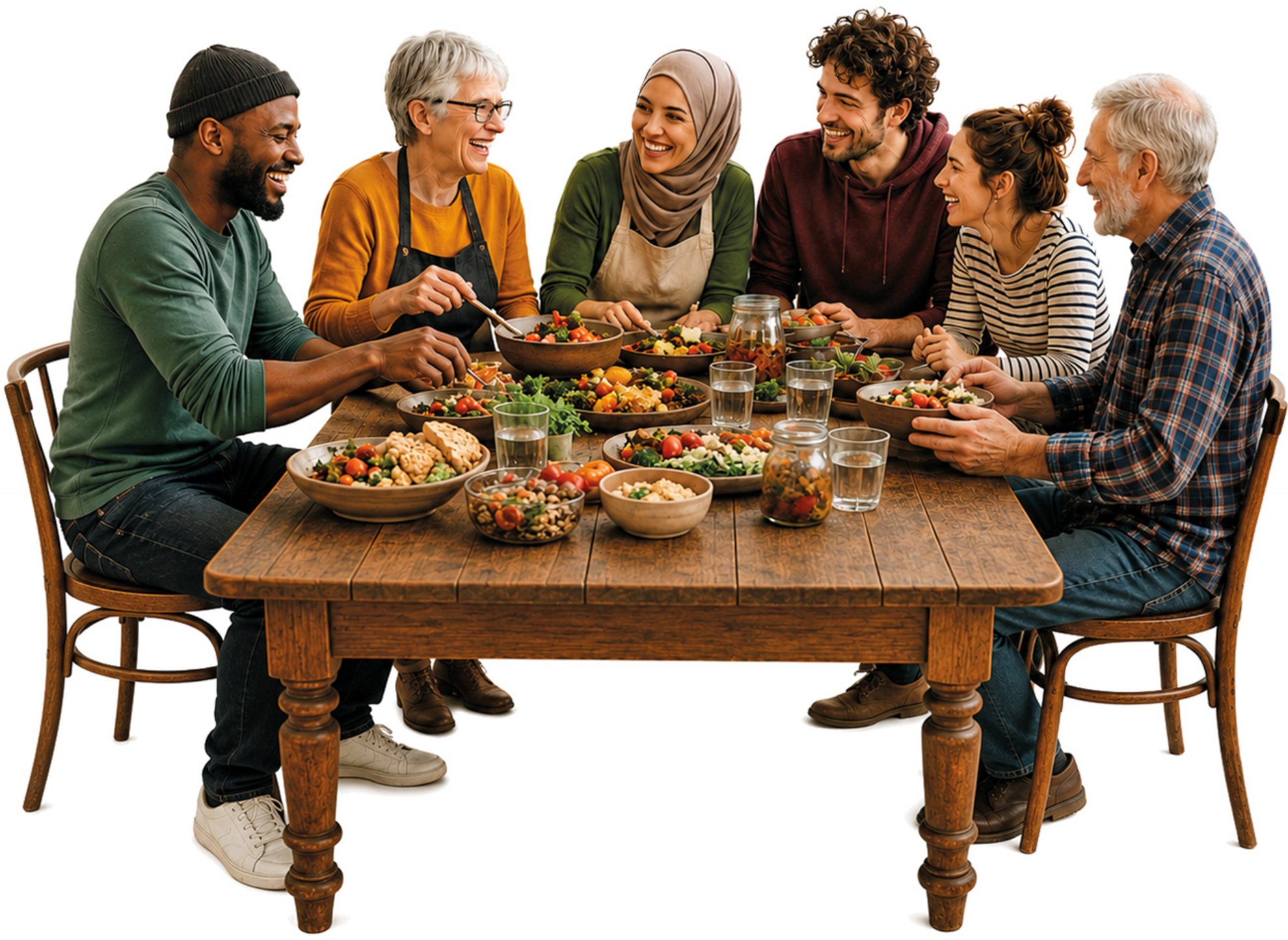 Sechs Personen sitzen lächelnd an einem Tisch und essen zusammen