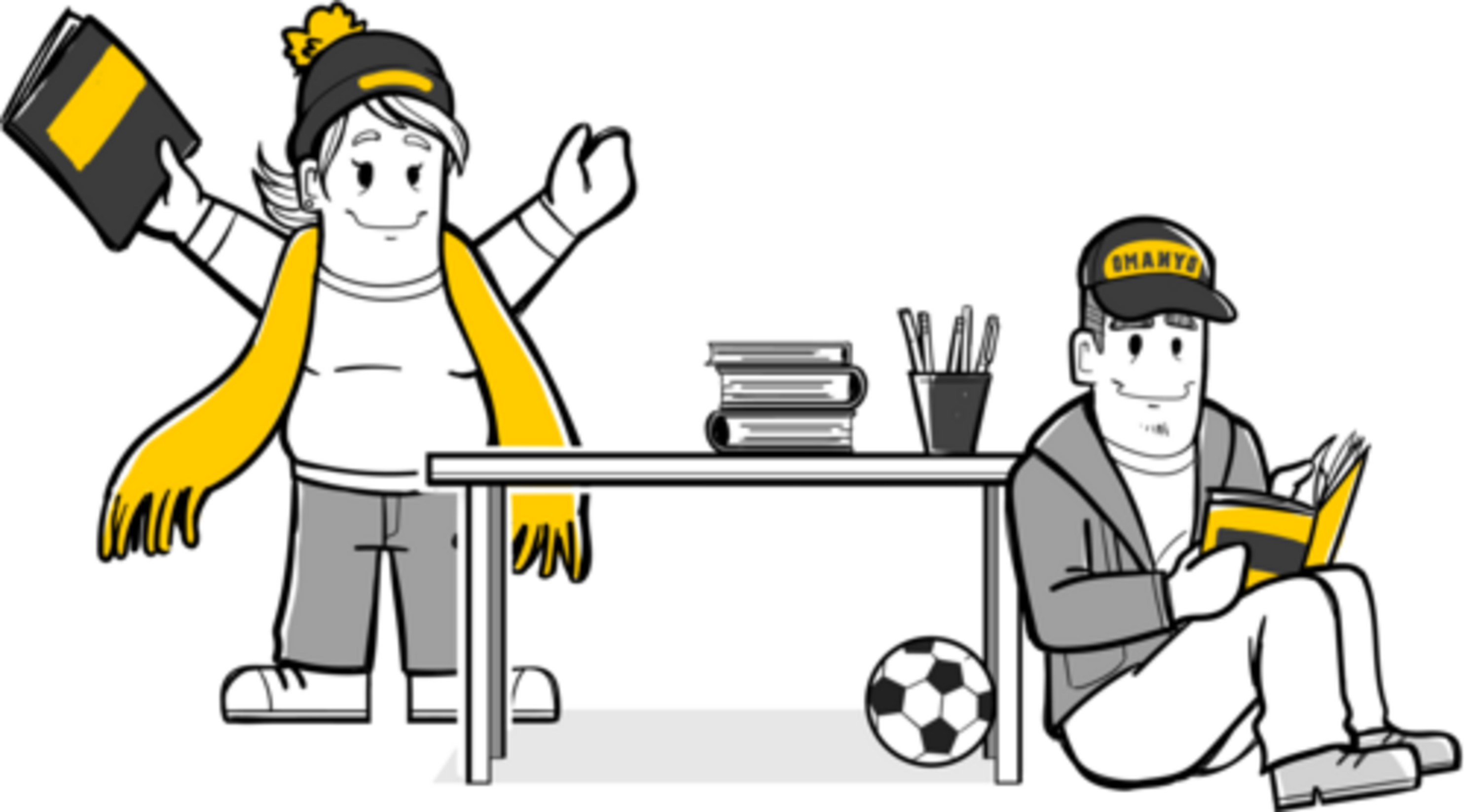 Zwei Personen im Fußball-Outfit, eines jubelt, das andere liest in einem Heft